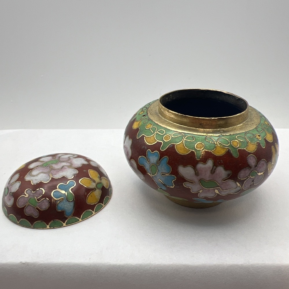 Vtg Small Chinese Floral Cloisonné Enamel Jar With Lid Exc Cond Trinket Bowl - Picture 8 of 9